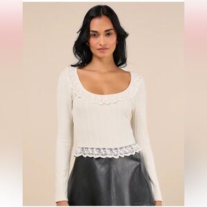 Lulu's Cream Lace-Trim Scoop Neck Ribbed Top